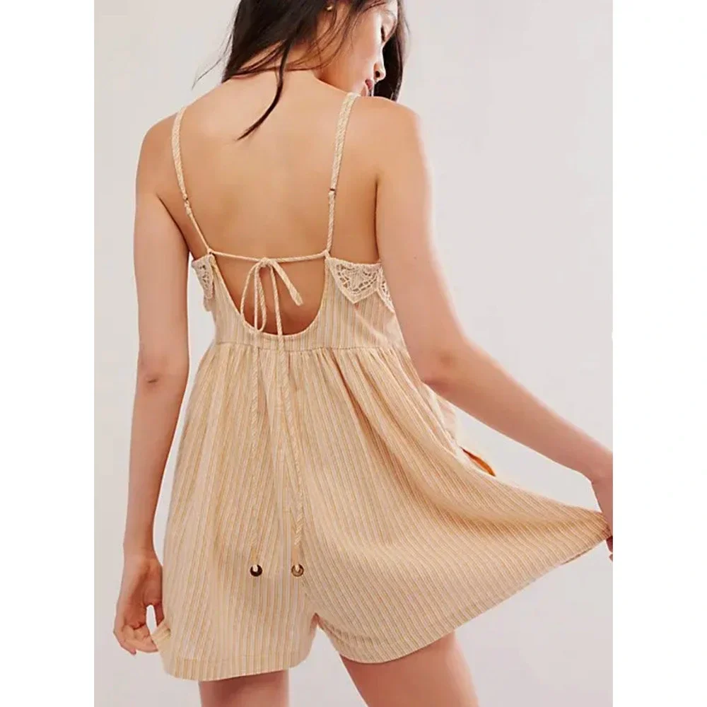 NEW FREE PEOPLE NEUTRAL COMBO COLLINA ONE PIECE ROMPER SHORT SZ L